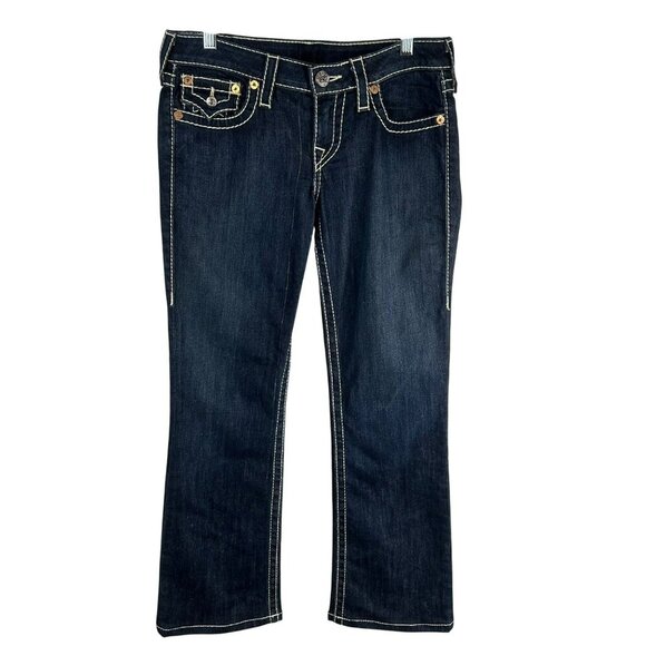 True Religion Bootcut Denim Jeans Women 28 Dark Wash Blue Contrast Stitch Flap - Picture 1 of 10